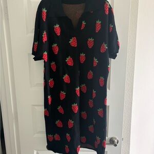 Cider Strawberry Print Black Sweater Dress